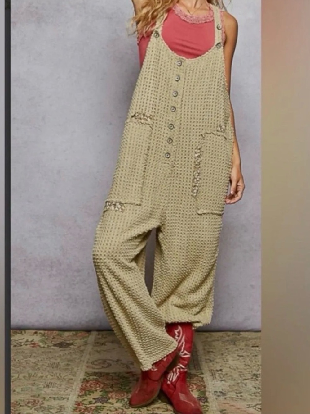 POL Cream Knit Button-Front Drape Jumpsuit with Pockets